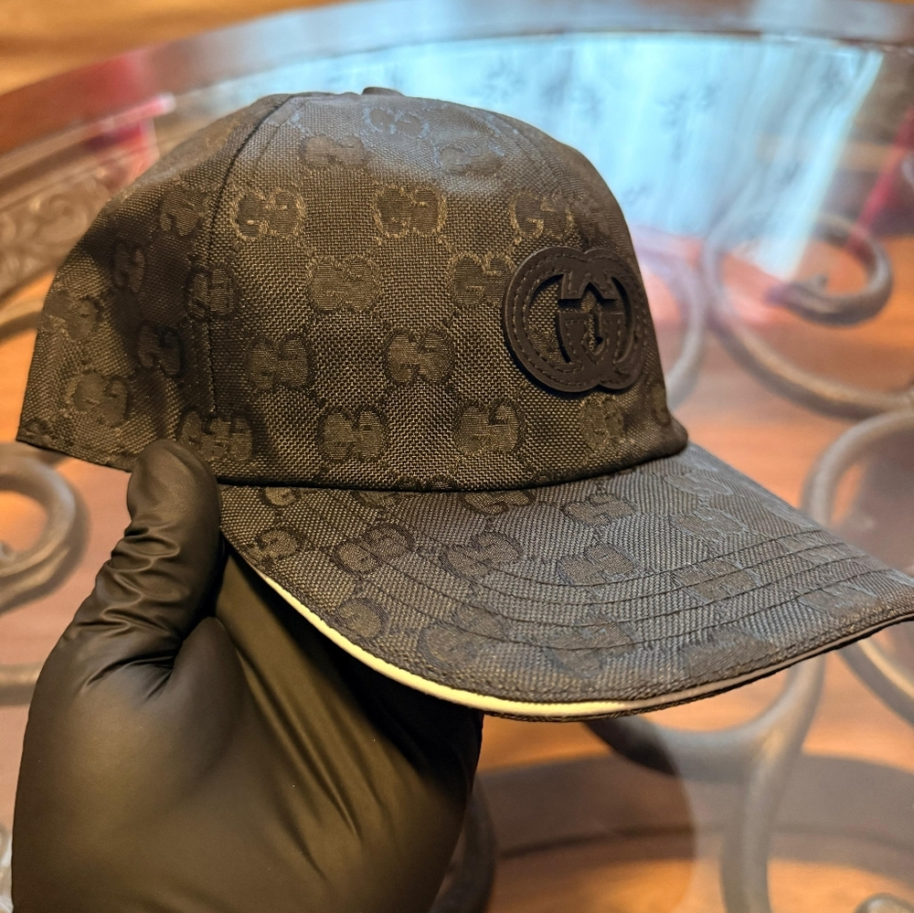 Gucci GG Nylon Baseball Hat Black Monogram Logo Cap - Picture 2 of 4